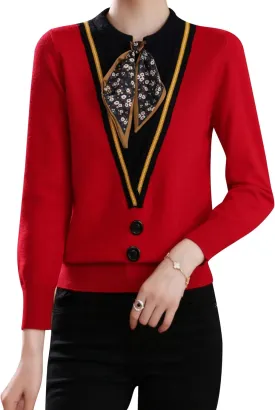 LAI MENG FIVE CATS Women's Fall Tie Neck Sweater Shirt Long Sleeve Patchwork Knit Pullover Blouse Tops
