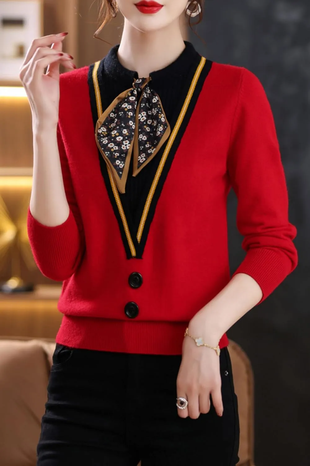 LAI MENG FIVE CATS Women's Fall Tie Neck Sweater Shirt Long Sleeve Patchwork Knit Pullover Blouse Tops