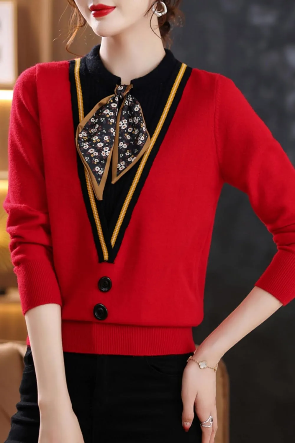 LAI MENG FIVE CATS Women's Fall Tie Neck Sweater Shirt Long Sleeve Patchwork Knit Pullover Blouse Tops