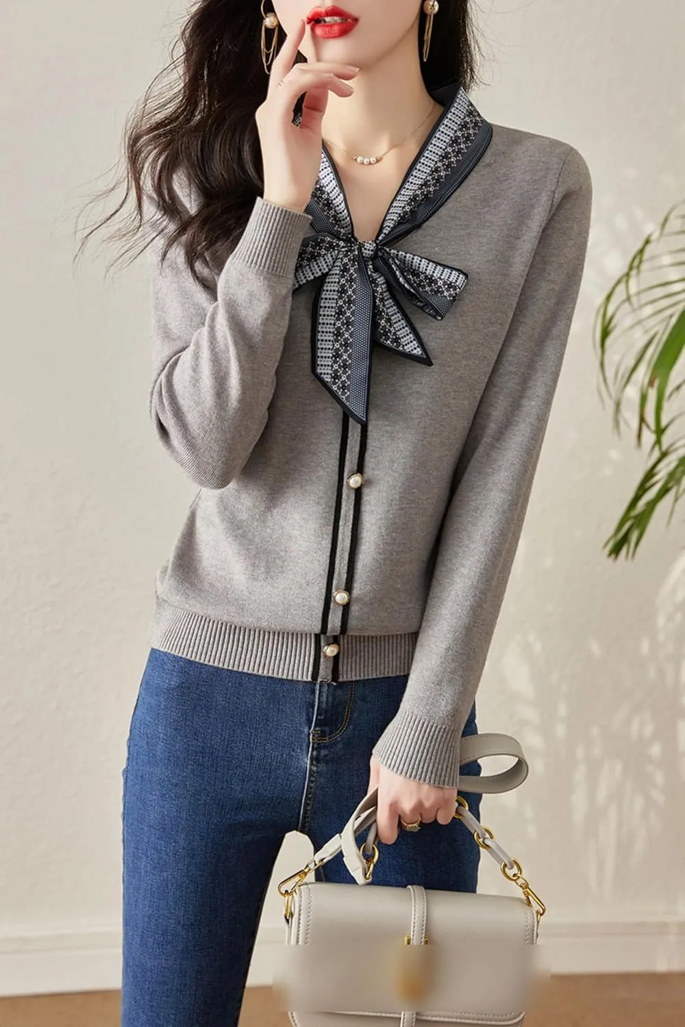 LAI MENG FIVE CATS Women's Vintage Tie Neck Sweater Knit Shirt Long Sleeve Tunic Pullover Blouse Tops