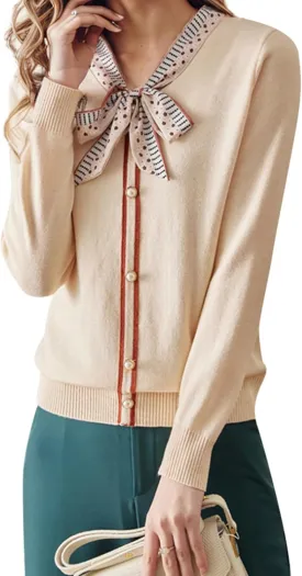 LAI MENG FIVE CATS Women's Vintage Tie Neck Sweater Knit Shirt Long Sleeve Tunic Pullover Blouse Tops