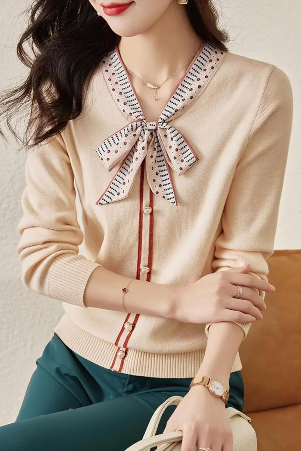 LAI MENG FIVE CATS Women's Vintage Tie Neck Sweater Knit Shirt Long Sleeve Tunic Pullover Blouse Tops