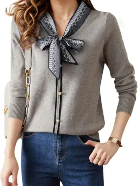 LAI MENG FIVE CATS Women's Vintage Tie Neck Sweater Knit Shirt Long Sleeve Tunic Pullover Blouse Tops