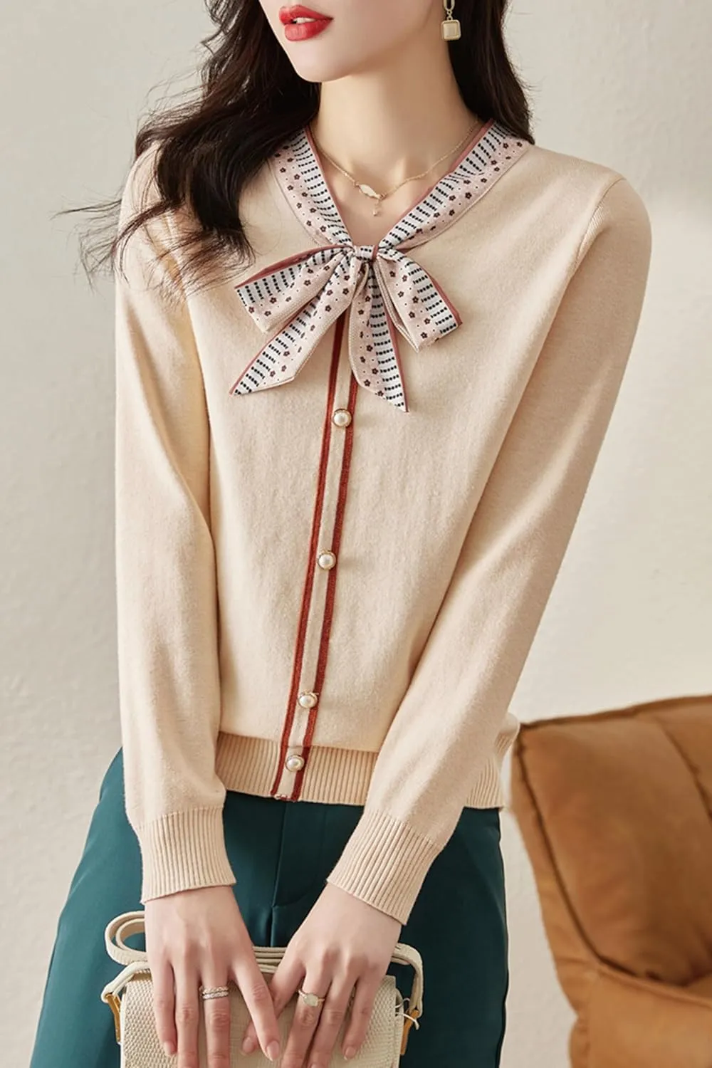 LAI MENG FIVE CATS Women's Vintage Tie Neck Sweater Knit Shirt Long Sleeve Tunic Pullover Blouse Tops