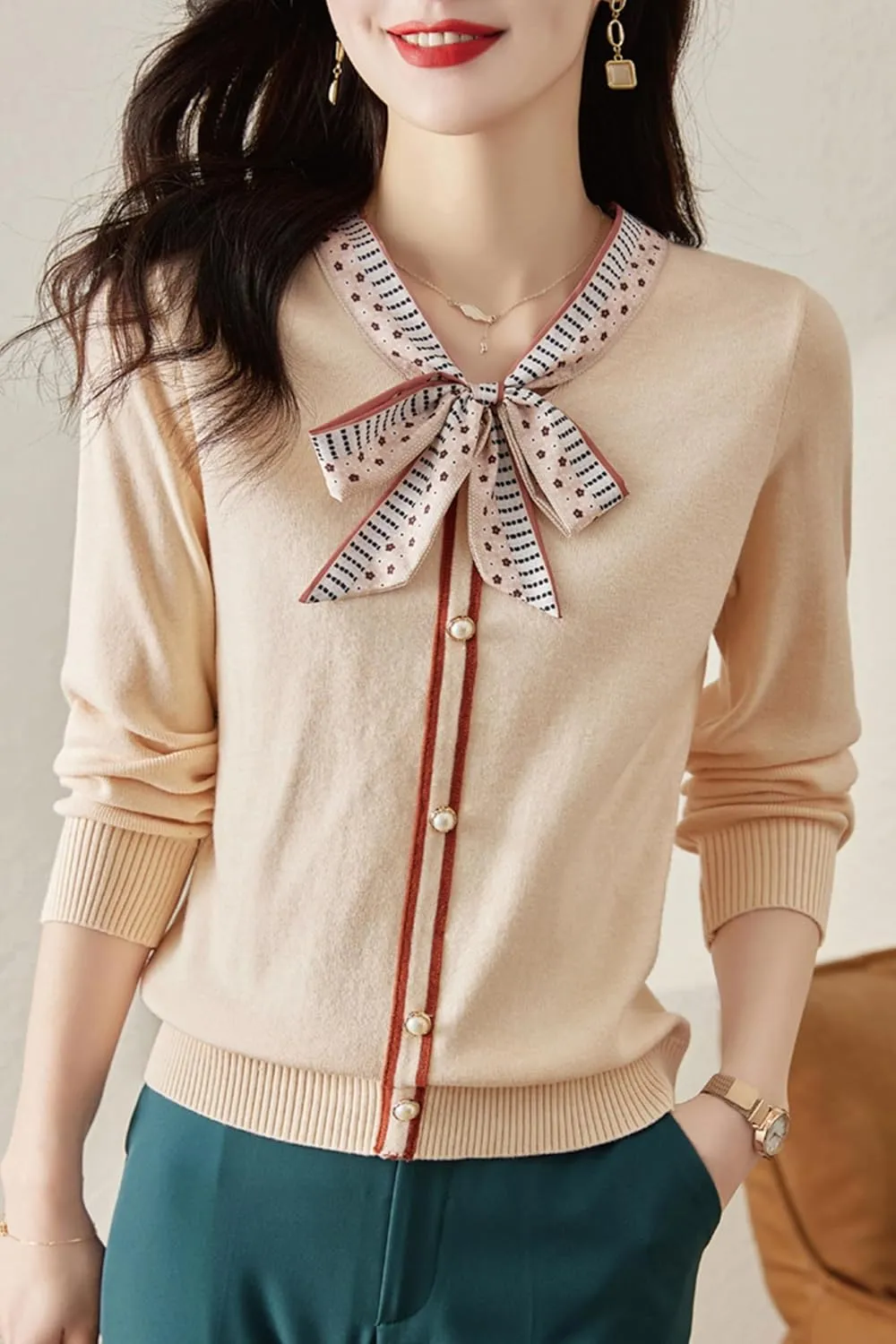 LAI MENG FIVE CATS Women's Vintage Tie Neck Sweater Knit Shirt Long Sleeve Tunic Pullover Blouse Tops