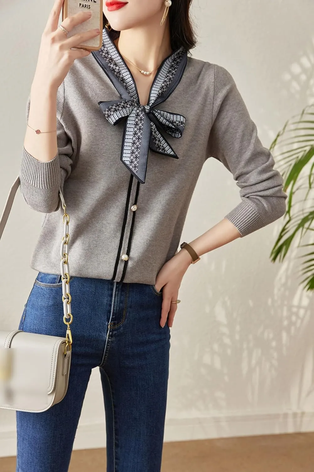 LAI MENG FIVE CATS Women's Vintage Tie Neck Sweater Knit Shirt Long Sleeve Tunic Pullover Blouse Tops