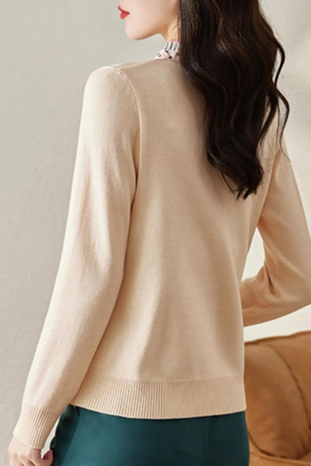 LAI MENG FIVE CATS Women's Vintage Tie Neck Sweater Knit Shirt Long Sleeve Tunic Pullover Blouse Tops