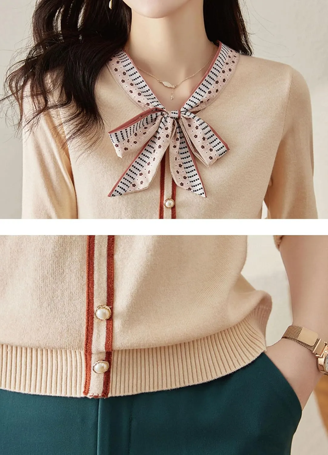 LAI MENG FIVE CATS Women's Vintage Tie Neck Sweater Knit Shirt Long Sleeve Tunic Pullover Blouse Tops