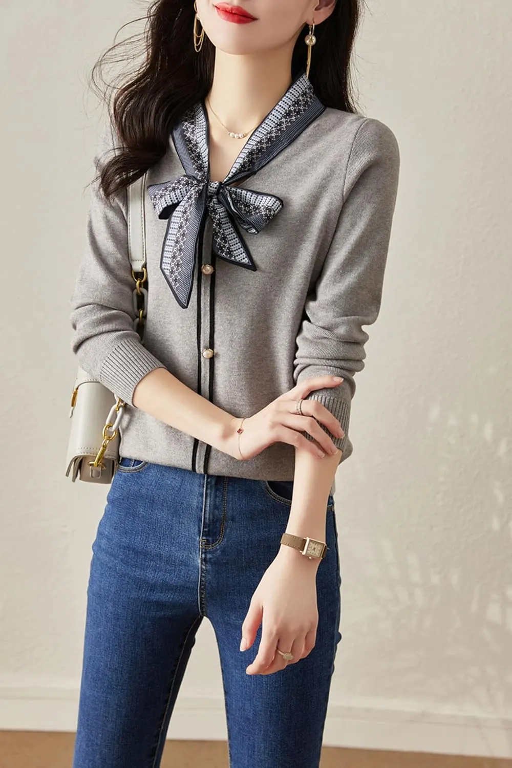 LAI MENG FIVE CATS Women's Vintage Tie Neck Sweater Knit Shirt Long Sleeve Tunic Pullover Blouse Tops