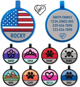 LYP Original Soundless Pet ID Tags | Custom Dog Tags Personalized for Pets | Durable Silicone Deep Engraved Dog Tag | No More Jingling | U.S. Flag