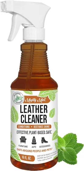 Mighty Mint Leather Cleaner and Conditioner, Plant-Based, Hydrating Spray to Clean and Protect Leather Items, Natural Peppermint Scent, 16oz