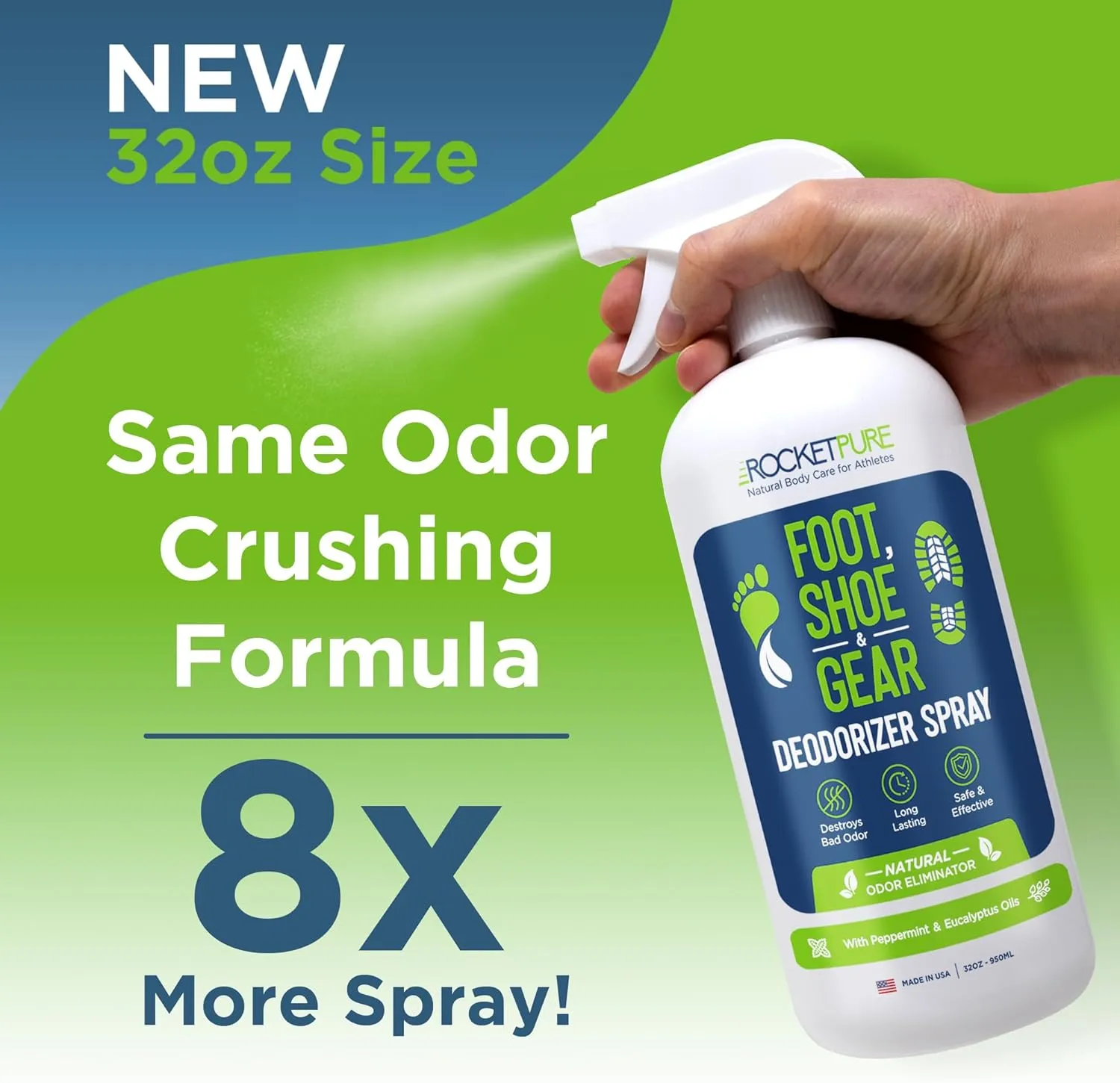 Natural Odor Eliminator - Foot & Shoe Deodorizer Spray, Gear Odor Eliminator - Removes, Controls & Prevents Odors - Made with Essential Oils - Made in USA (Mint, 32oz)