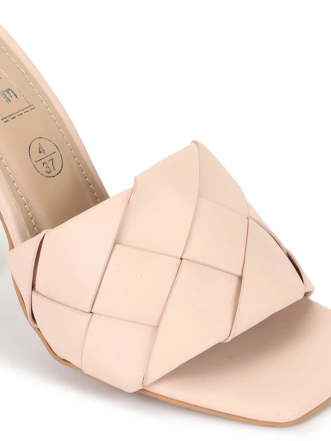 Nude PU Woven Strap Stiletto Mules