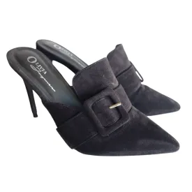 Olivia Ferguson Black Suede Pointed Toe High Heel Mules With Buckle Strap