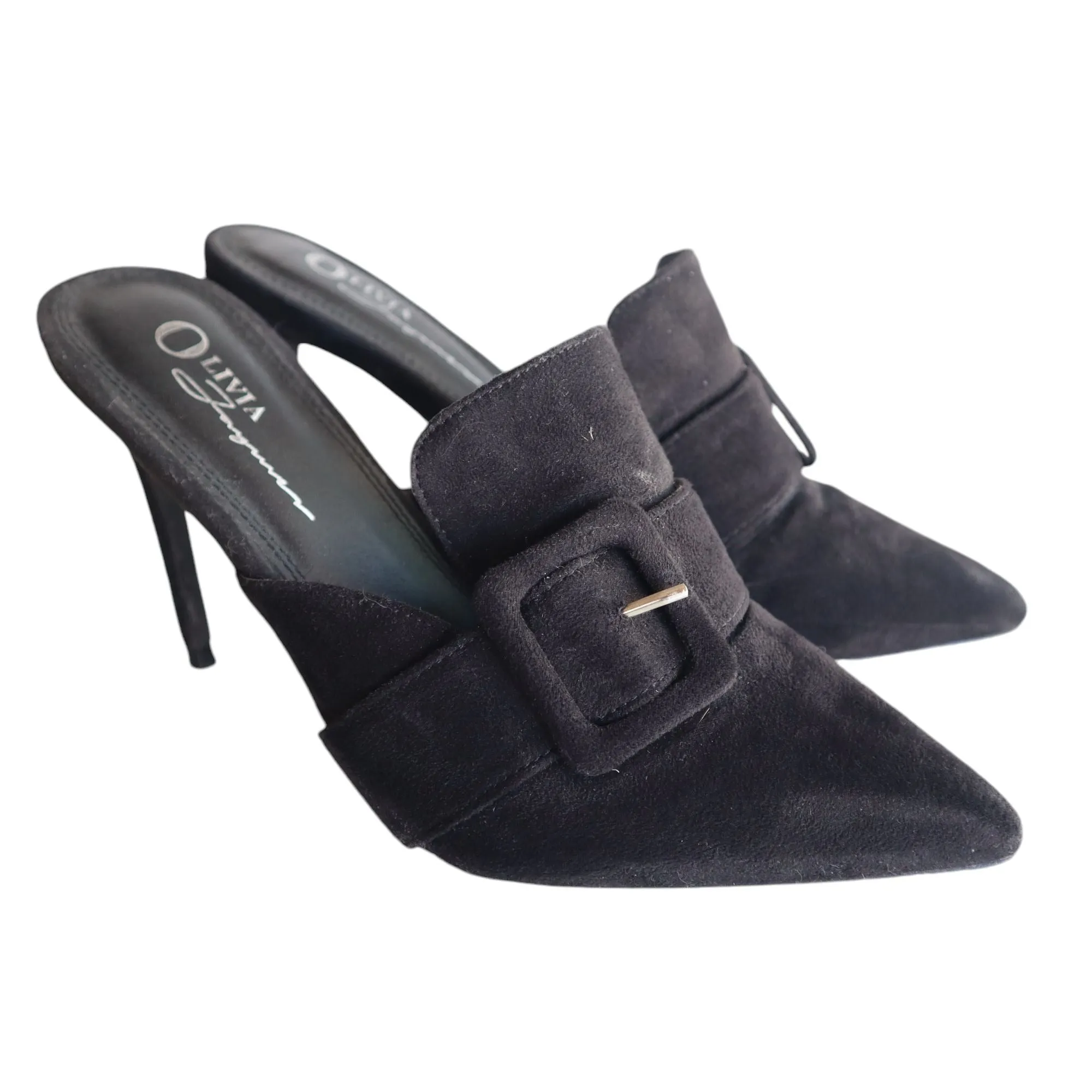 Olivia Ferguson Black Suede Pointed Toe High Heel Mules With Buckle Strap