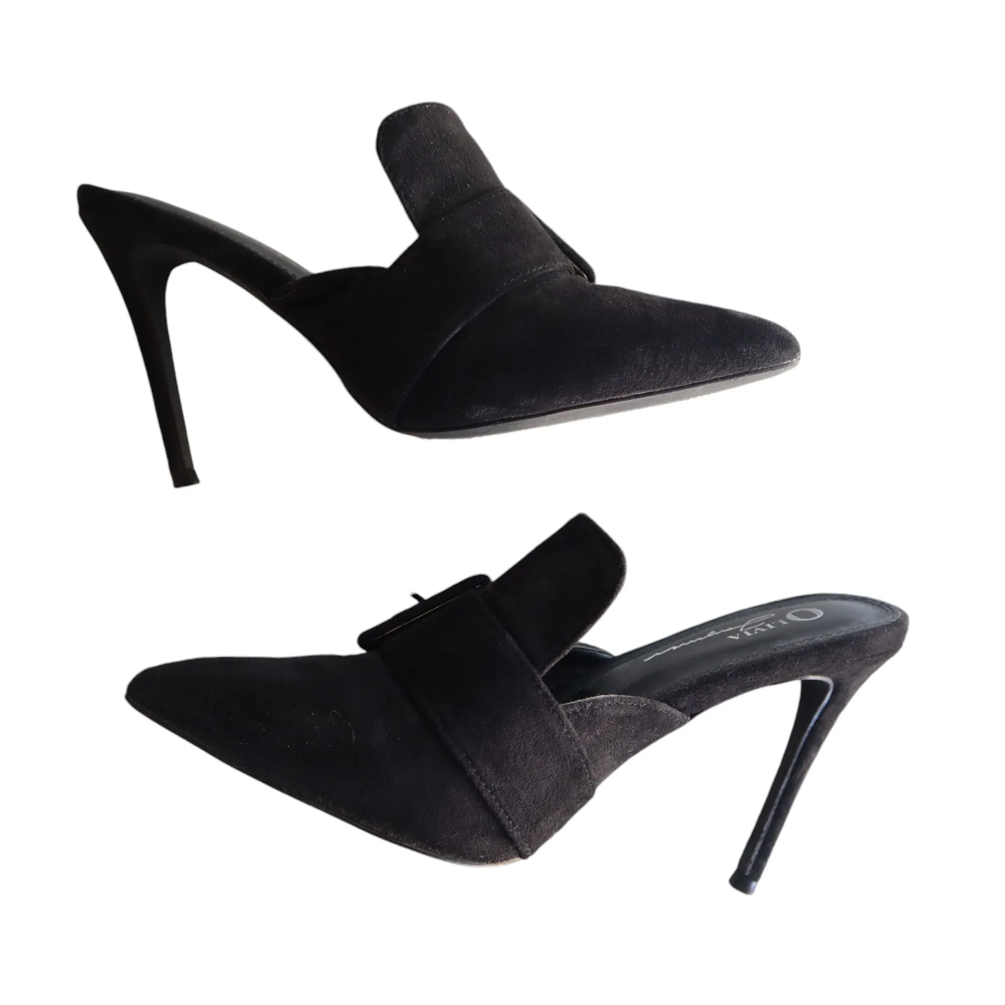 Olivia Ferguson Black Suede Pointed Toe High Heel Mules With Buckle Strap