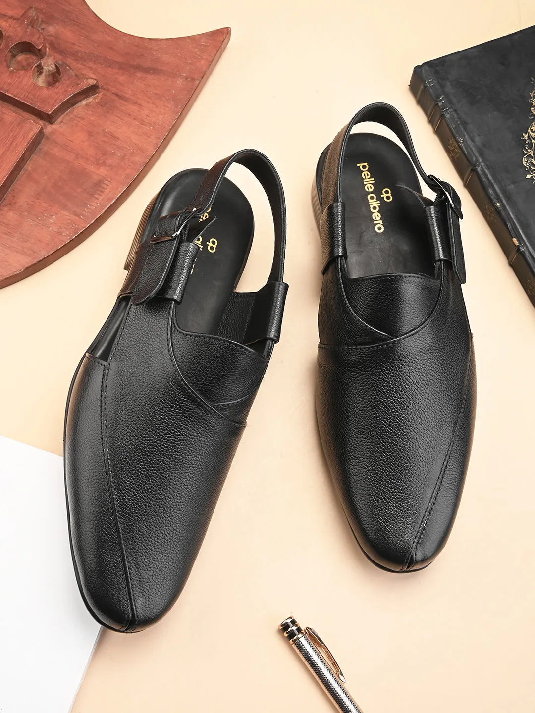 Pelle Albero Men's Black Genuine Leather Casual Sandals with Buckle Closure - Stylish and Comfortable Footwear for Everyday Wear