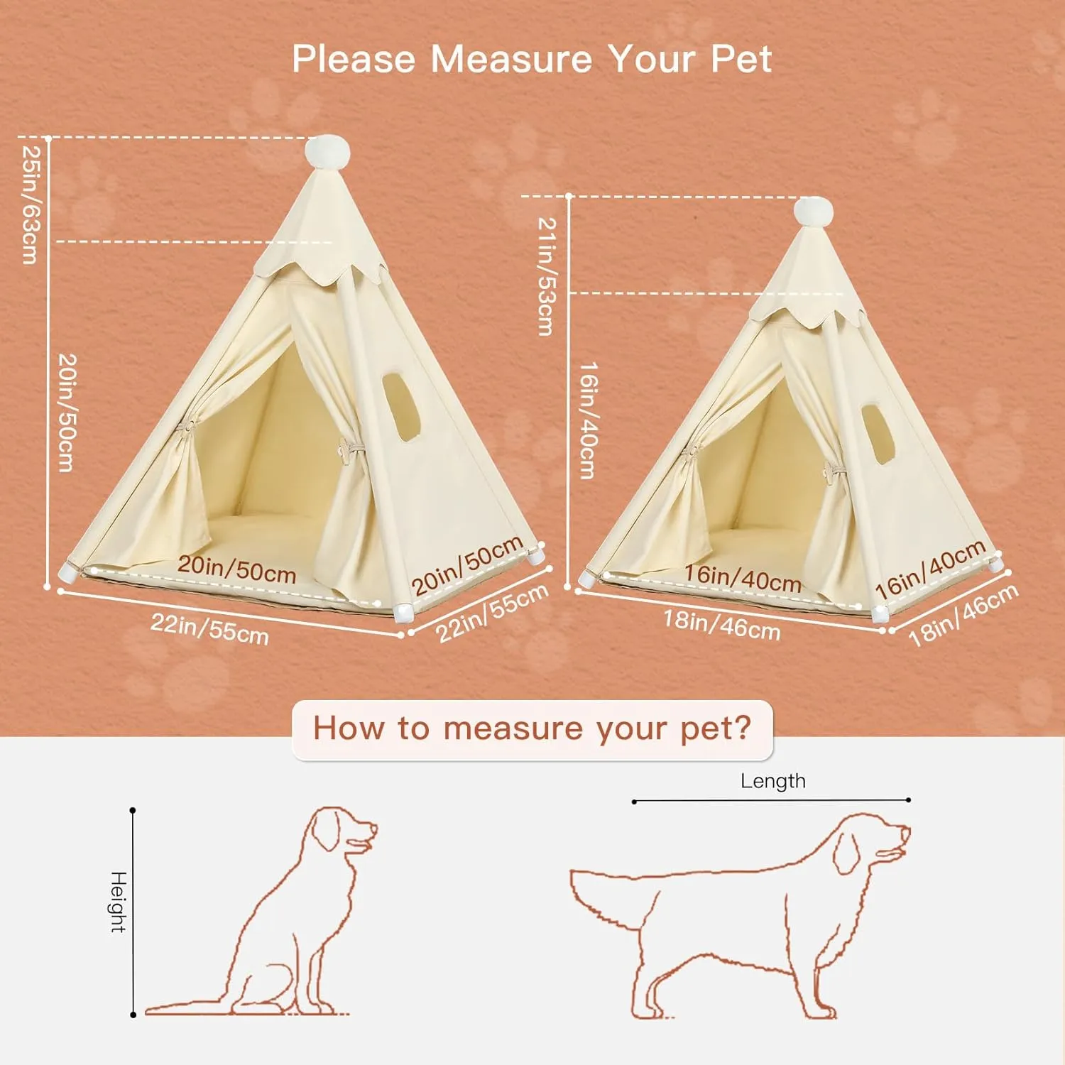 Pet Teepee Tent House for Small Cats & Mini-Dogs 16x16x16in, Small Cat House, Mini-Dog House for Chihuahuas, More Stable, Indoor, S for Pets Up to 15lbs, White