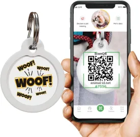 QR Code Dog Tag, Pet ID Tags for Dogs - Silent Dog Tags Personalized for Pets - QR Tag to Pet Online Profile - Stainless Steel Dog Tag with Rubber Silencer (Woof White!)