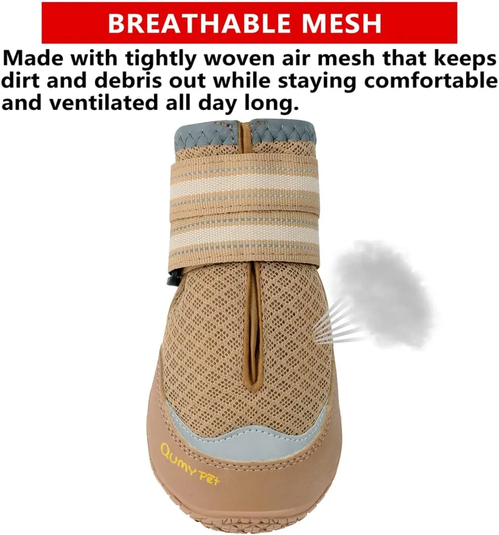 QUMY 4PCS Dog Boots for Large Dogs, Medium Dog Shoes & Paw Protectors for Hot Pavement, Summer Heat Protection, Mesh Breathable Nonslip Dog Booties for Hardfloors, Walking Running Hiking Khaki Size 6