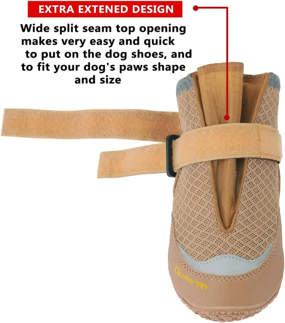 QUMY 4PCS Dog Boots for Large Dogs, Medium Dog Shoes & Paw Protectors for Hot Pavement, Summer Heat Protection, Mesh Breathable Nonslip Dog Booties for Hardfloors, Walking Running Hiking Khaki Size 6