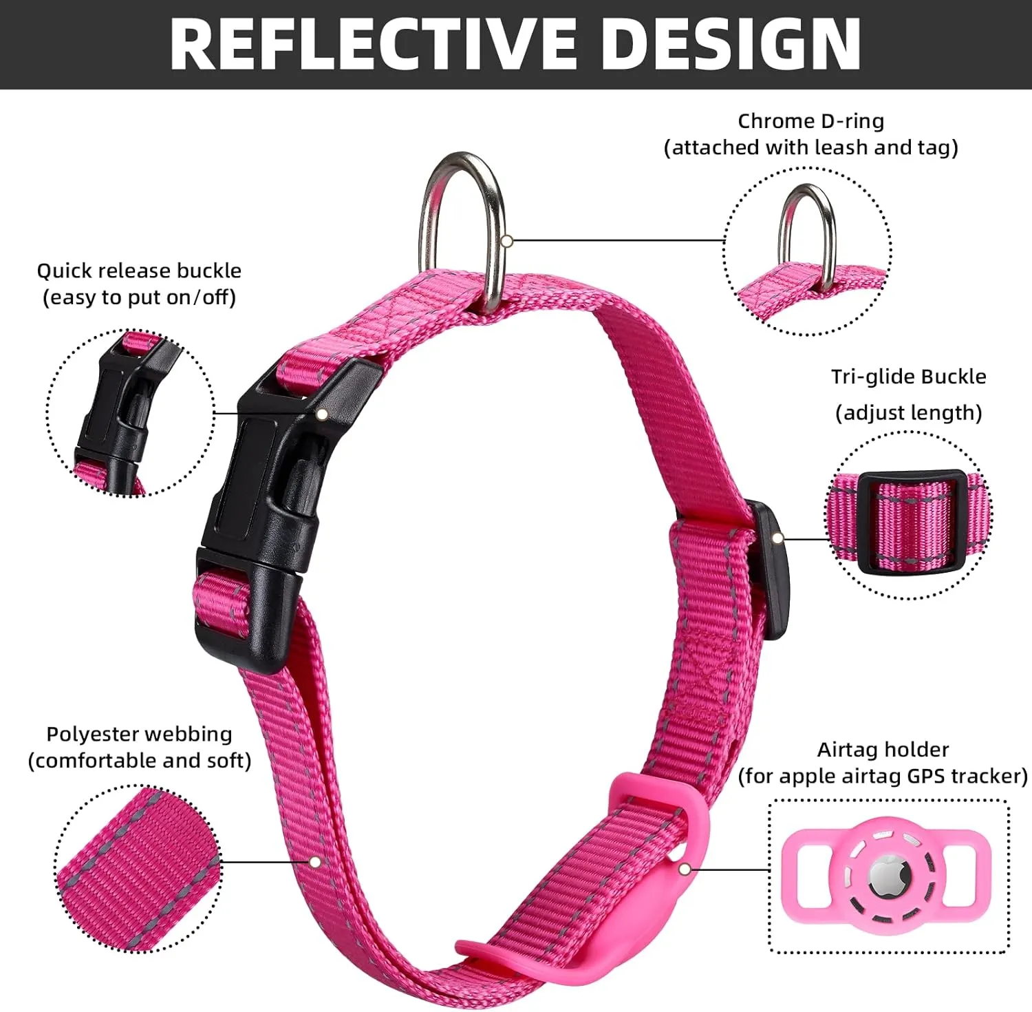 Reflective AirTag Dog Collar, Compatible with Apple AirTag, Nylon Pet Cat Puppy Collar with Silicone AirTag Holder for Small, Medium, Large, and Extra Large Dogs