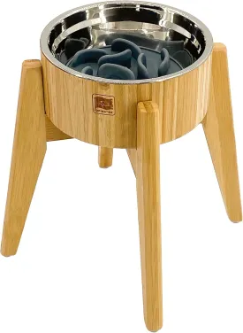 Slow Feeder Dog Bowls Elevated [12-inch High, 60-oz] - Bamboo Bowl, Stainless Steel Dish, Slow Feeder Insert and Stand - Tip-Over Resistant, Easy Fold-Down, All-Detachable Parts