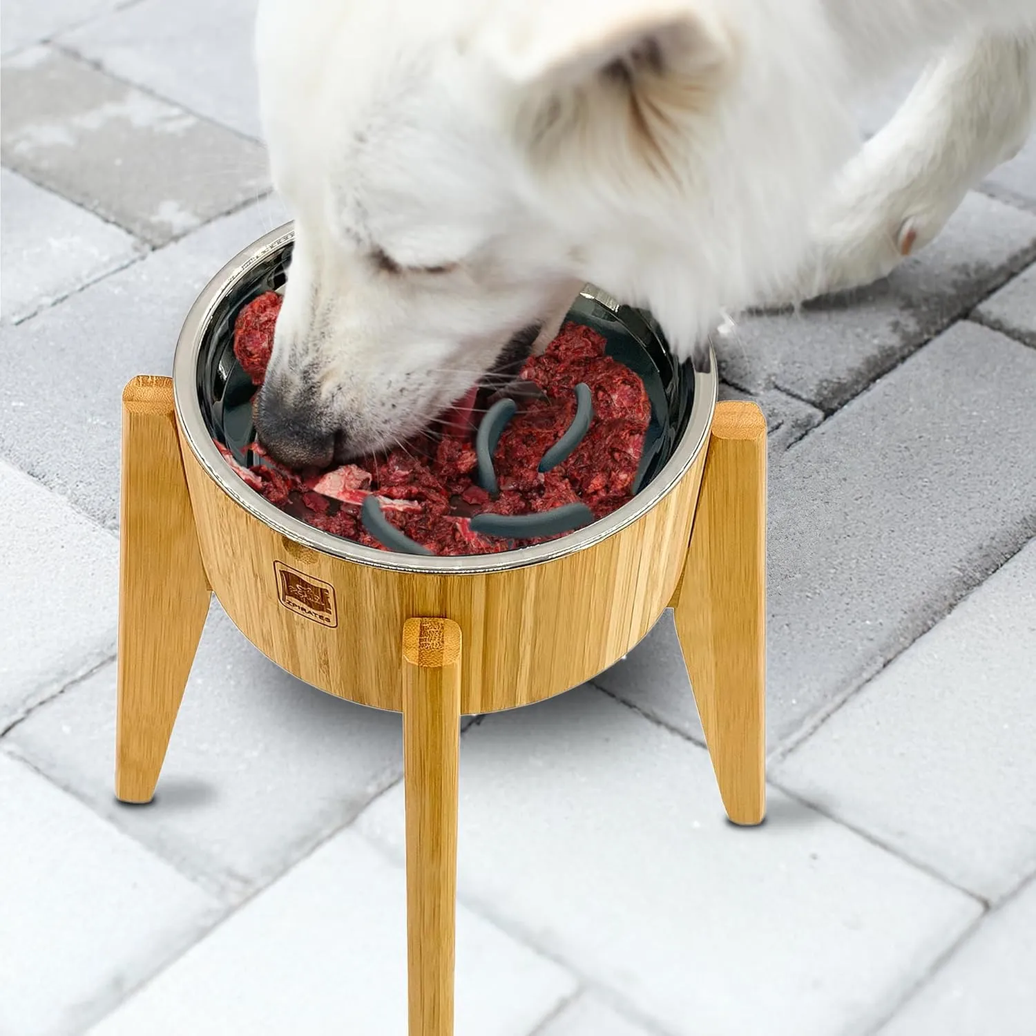 Slow Feeder Dog Bowls Elevated [12-inch High, 60-oz] - Bamboo Bowl, Stainless Steel Dish, Slow Feeder Insert and Stand - Tip-Over Resistant, Easy Fold-Down, All-Detachable Parts