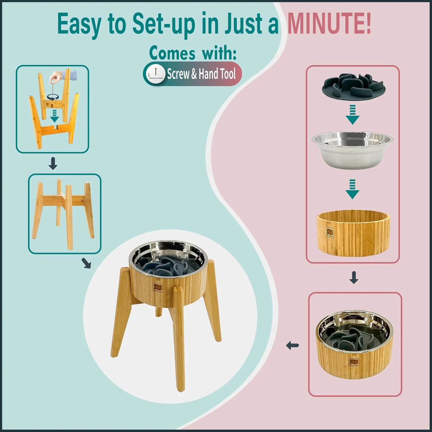 Slow Feeder Dog Bowls Elevated [12-inch High, 60-oz] - Bamboo Bowl, Stainless Steel Dish, Slow Feeder Insert and Stand - Tip-Over Resistant, Easy Fold-Down, All-Detachable Parts