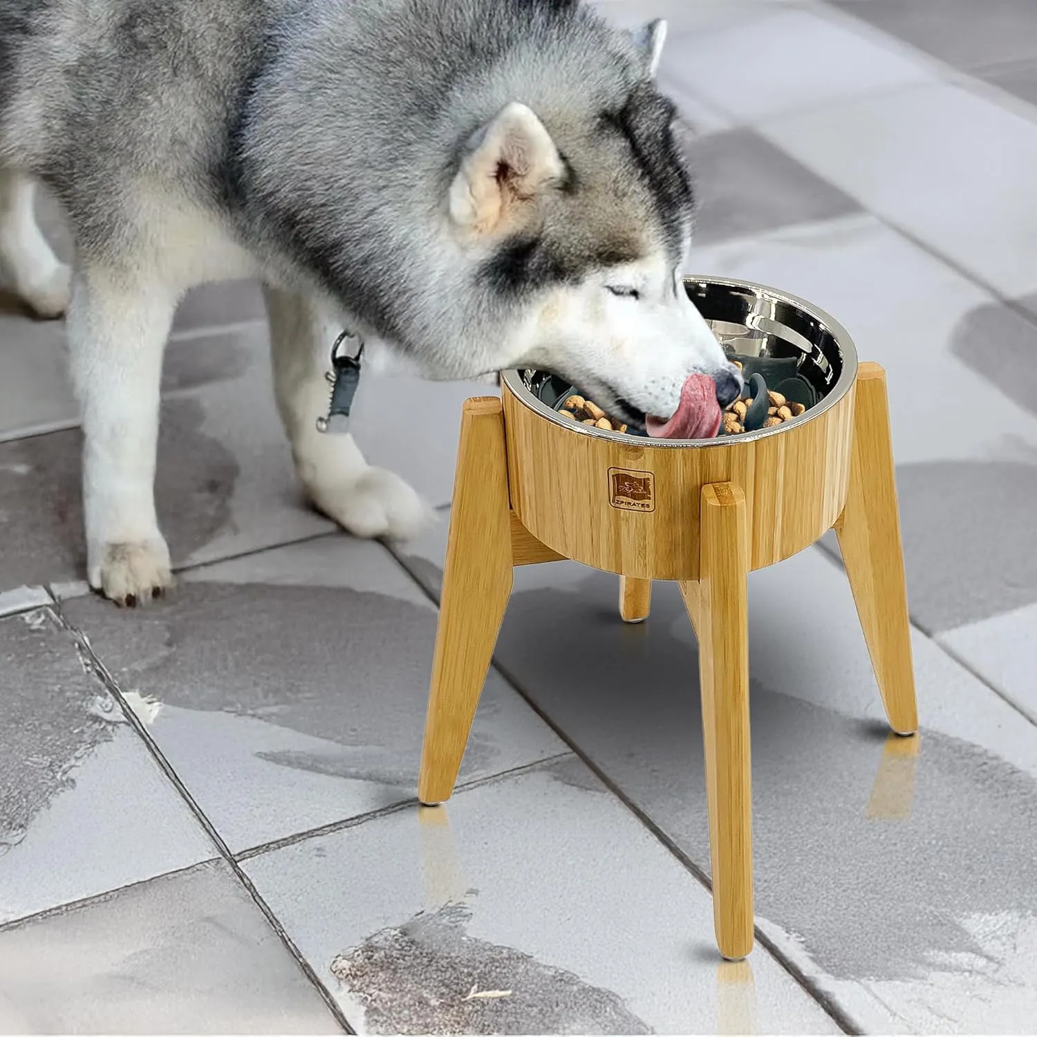 Slow Feeder Dog Bowls Elevated [12-inch High, 60-oz] - Bamboo Bowl, Stainless Steel Dish, Slow Feeder Insert and Stand - Tip-Over Resistant, Easy Fold-Down, All-Detachable Parts