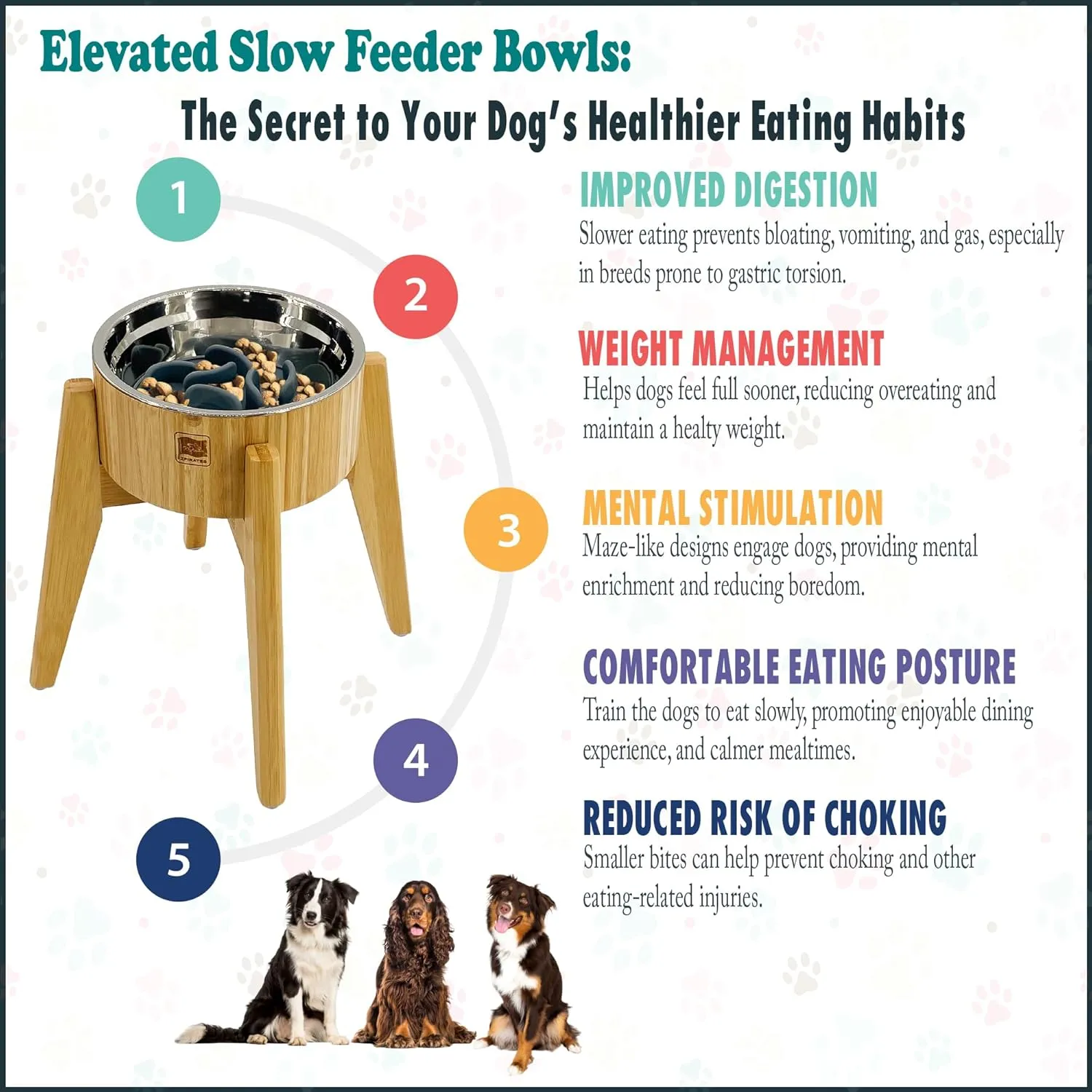 Slow Feeder Dog Bowls Elevated [12-inch High, 60-oz] - Bamboo Bowl, Stainless Steel Dish, Slow Feeder Insert and Stand - Tip-Over Resistant, Easy Fold-Down, All-Detachable Parts