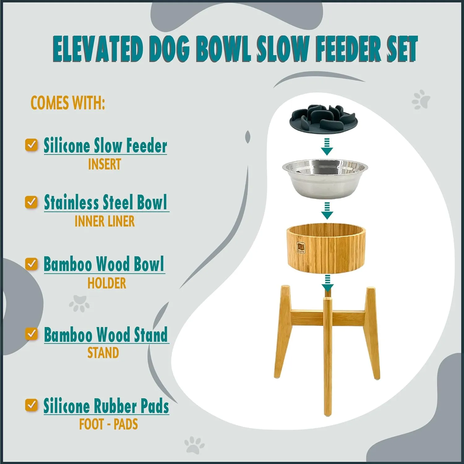 Slow Feeder Dog Bowls Elevated [12-inch High, 60-oz] - Bamboo Bowl, Stainless Steel Dish, Slow Feeder Insert and Stand - Tip-Over Resistant, Easy Fold-Down, All-Detachable Parts
