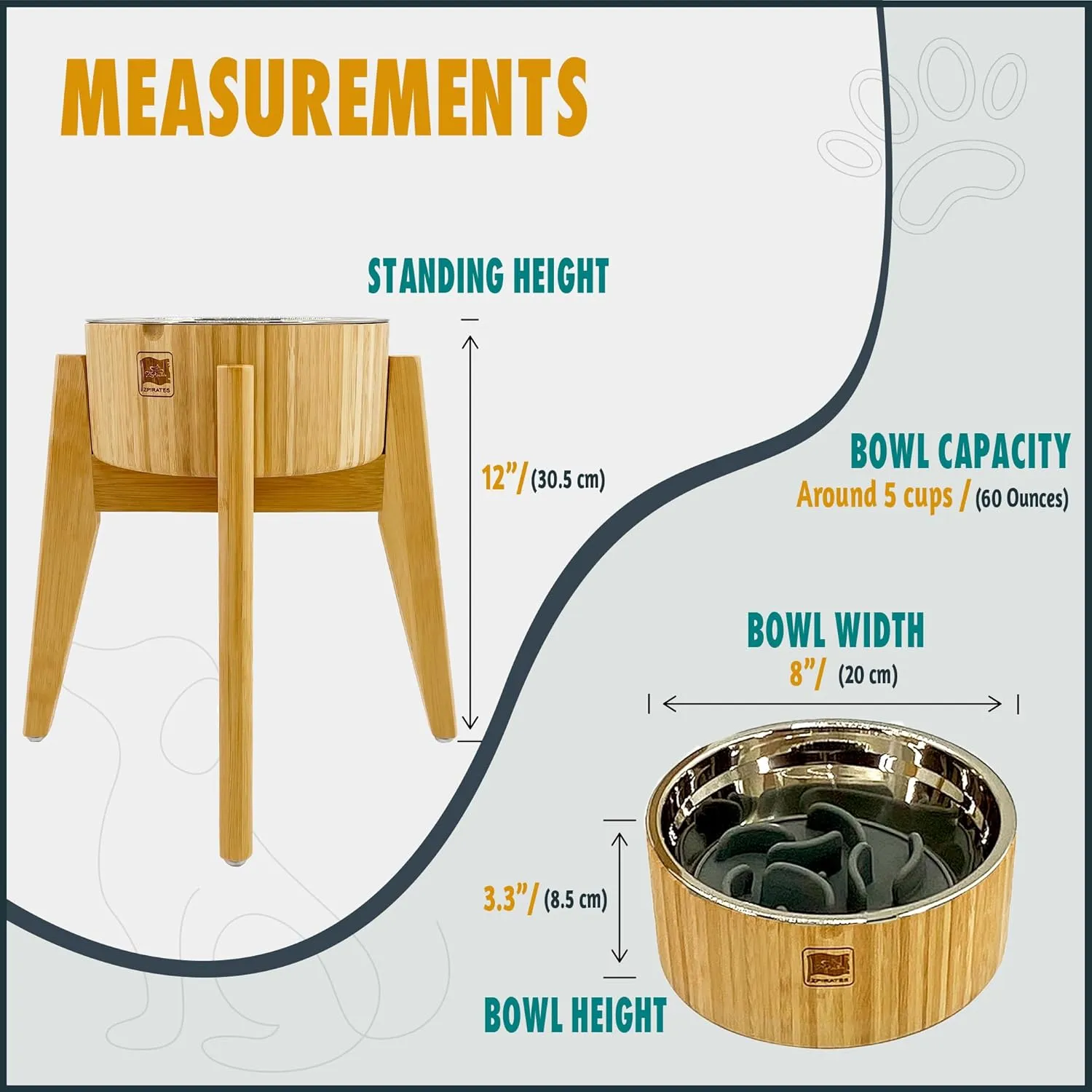 Slow Feeder Dog Bowls Elevated [12-inch High, 60-oz] - Bamboo Bowl, Stainless Steel Dish, Slow Feeder Insert and Stand - Tip-Over Resistant, Easy Fold-Down, All-Detachable Parts