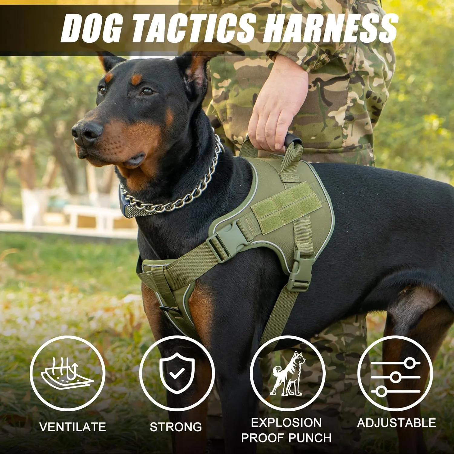 Tactical Dog Harness,No Pull Military Pet Harness for Medium Large Dogs, Adjustable Service Dog Vest Harness with Night Reflective, Easy Control Handle for Walking, Hiking, Training (Green)