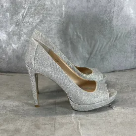 THALIA SODI Women's Silver Rhinestone Lenna Stiletto Peep-Toe Pumps SZ 6.5