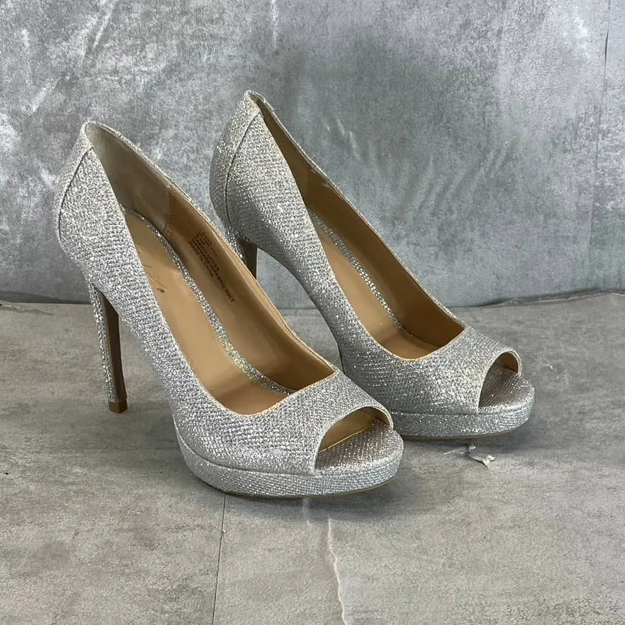 THALIA SODI Women's Silver Rhinestone Lenna Stiletto Peep-Toe Pumps SZ 6.5