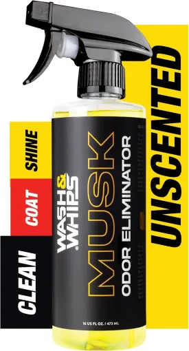 WASH&WHIPS Musk Unscented Odor Eliminator, Remover, Neutralizes Bad Scents, Smells and Smoke from Car Interior, Clothes, Leather, Carpet, Furniture, & Shoes, 16 fl oz
