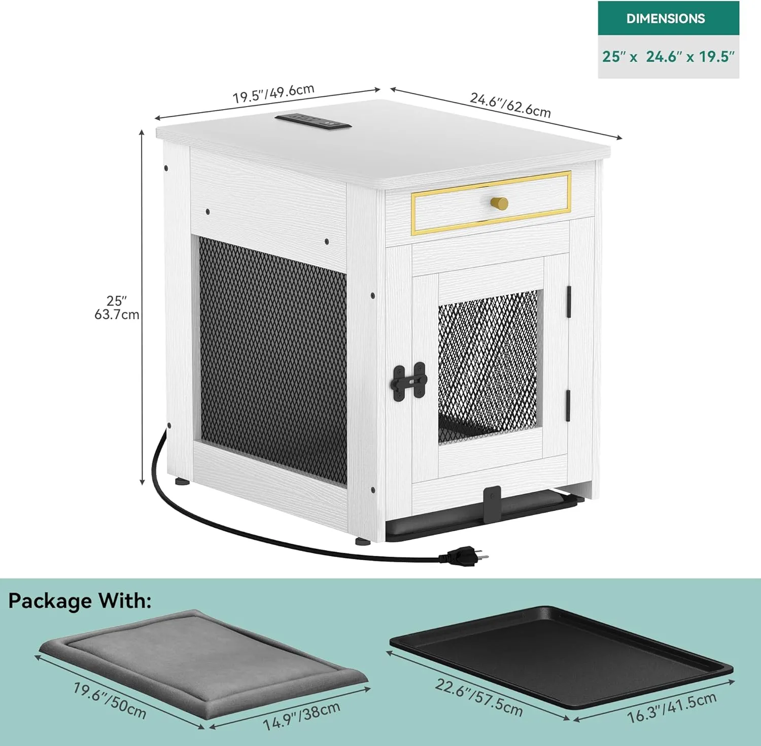 YITAHOME Dog Crate Furniture with Dual USB Charger, Wooden Dog Kennel End Table with Cushion Tray, Drawer for Small Dogs Under 25 lbs Indoor Use, White