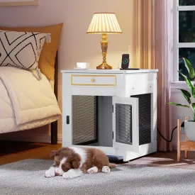 YITAHOME Dog Crate Furniture with Dual USB Charger, Wooden Dog Kennel End Table with Cushion Tray, Drawer for Small Dogs Under 25 lbs Indoor Use, White