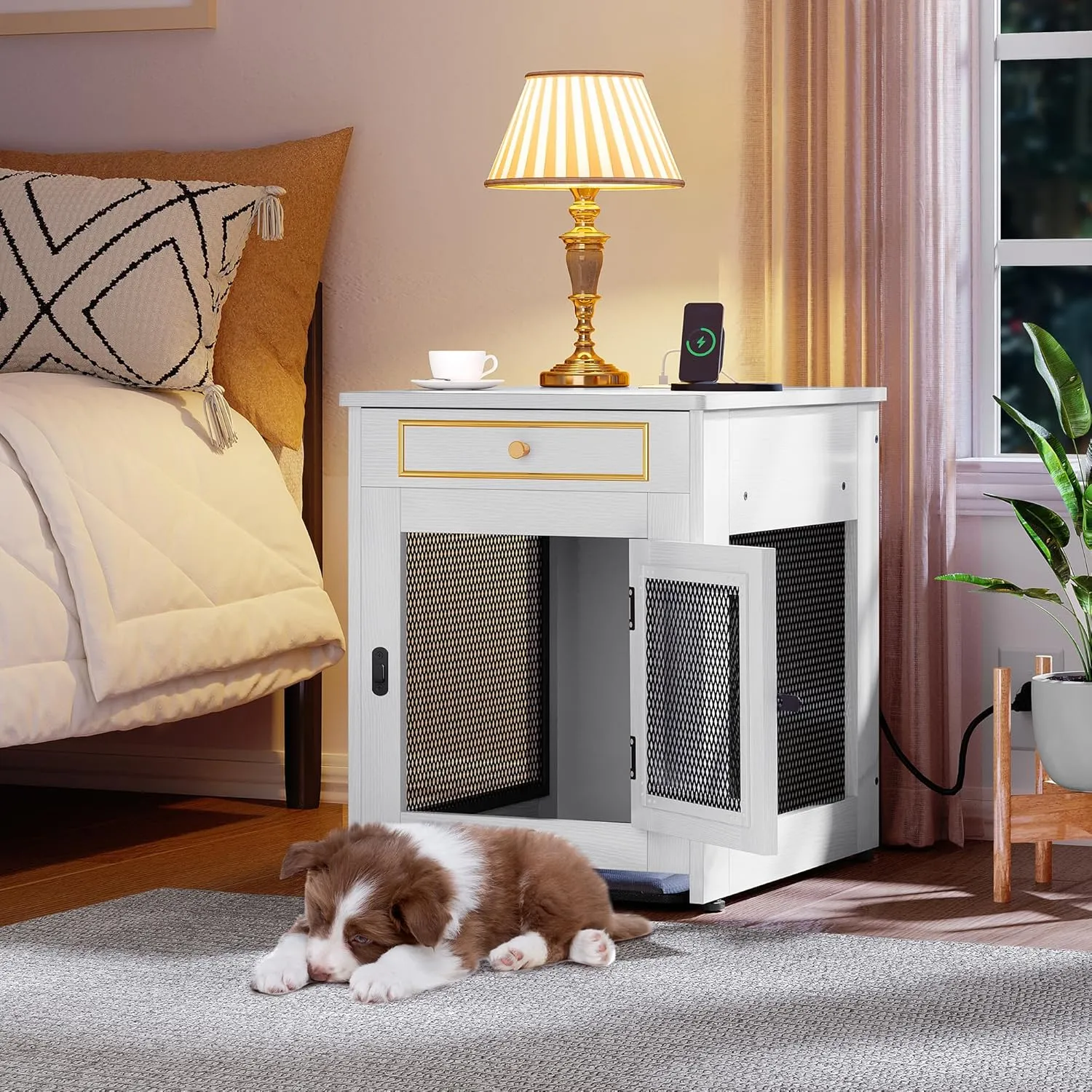 YITAHOME Dog Crate Furniture with Dual USB Charger, Wooden Dog Kennel End Table with Cushion Tray, Drawer for Small Dogs Under 25 lbs Indoor Use, White